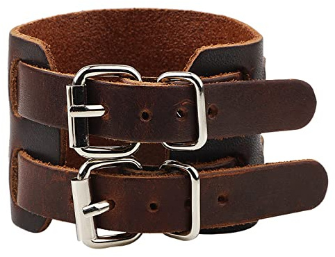 Thajaling Bracciale in Pelle Bovina, Doppia Fibbia Larga, Alla Moda Vintage Regolabile per Donna Uomo