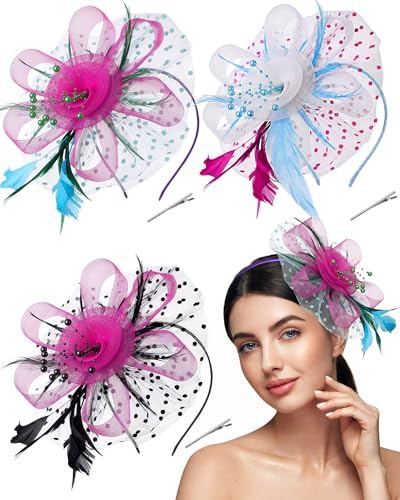 3 Pack Fascinators Hats for Women Tea Party Mesh Flower Derby Fascinator Hat with Headband and Clip for Derby Events Wedding(Elegant Color)