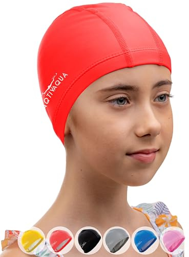 AqtivAqua Kids Swimming Cap for Toddlers & Preschoolers (1-5 Years) Swimming Hat Kids Swim Cap for Little Boys and Girls (Red color, Toddler size)
