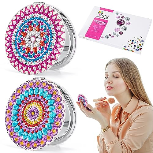 JSRQT 2 Pièces Miroirs Peinture au Diamant, Mandala et Maquillage, Mini Rond Pliant, Miroirs de Poche pour Peinture au Diamant 5D pour Voyage Femmes Filles