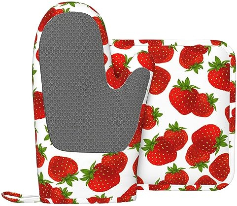 Set di guanti da forno e presine in silicone, motivo fragola, resistenti al calore, guanti da barbecue per cucina, cottura al forno, grigliare e microonde