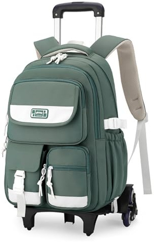 IvyH Schulrucksäcke Trolley für Teenager Rucksack mit Rollen, Schulranzen mit 6 Räder für Mädchen Jungen, Abnehmbar Trolley Schultaschen für Grund- und Sekundarschüler, 27L -Grün