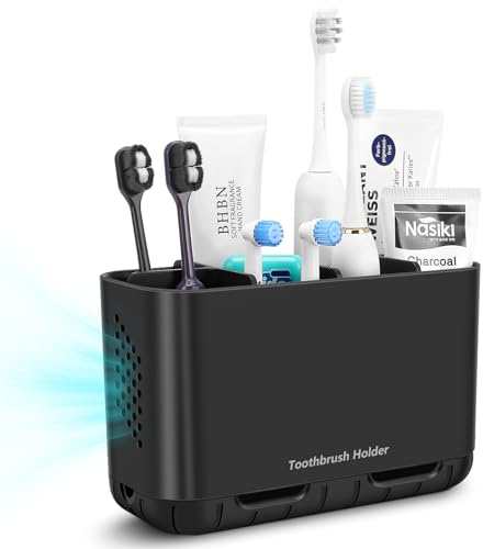 toprance Portaspazzolino nero 6 scomparti porta spazzolino elettrico con vaschetta di raccolta, grande bicchiere per spazzolini da denti e dentifrici, rimovibile per bagno per famiglia