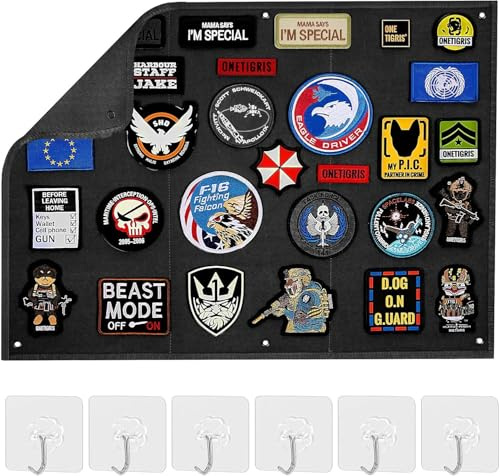 GIUSOBG Tablero de Exhibición de Parches Tácticos 60x45cm Equipado con 6 Ganchos y Presillas Tablero de Parche Militar Táctico Plegable Aplicable a Parches Moteros Parche Cruz de Borgoña (Negro)