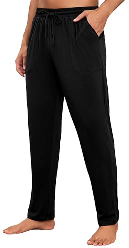 Litherday Pantalón de Pijama Hombre Largo de Algodón Suave y Cómodo Pantalones de Casa con Bolsillos y Cordón para Dormir Primavera Otoño Ropa de Estar en Casa, Negro, L