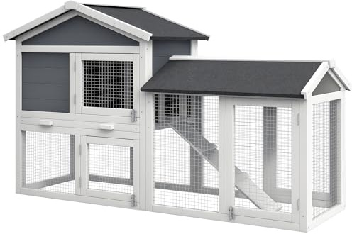 PawHut Hasenstall 2 Etagen Winterfest Kaninchenstall 147x54x84 cm Grau