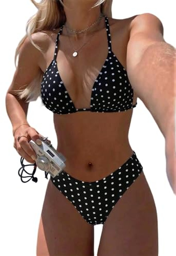 GORGLITTER Bikini da donna con polka a pois, due pezzi, a triangolo, con supporto a vita alta, senza ferretto, estivo, moda da spiaggia, bianco e nero, M