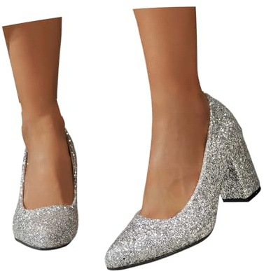EQWIGKEIT Zapatos con purpurina para mujer, tacón cuadrado, zapatos de tacón elegantes, zapatos de baile festivos, zapatos de boda cerrados, cómodos con tacón, zapatos de baile de salón, A3 Silver, 40