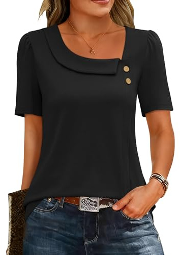 Rapbin Womens Tops Asymmetrical Neck Short Sleeve Button Dressy Tunic | Ladies Summer Blouse Soft Short Sleeve Casual Work Tunic Tops for Wome