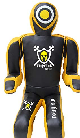 Emperor 8.0 MMA BJJ Training Dummy - Veg Leather Grappling Submission Wrestling Bag - Sitting UFC Dummy UNFILLED (Yellow Black Tony 8.0)