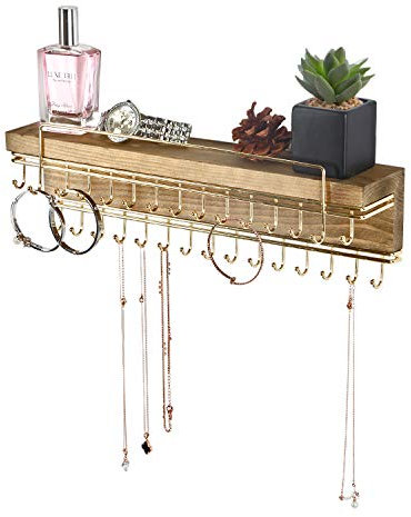 J JACKCUBE DESIGN Rustic Wood Wall Mounted Jewelry Organizer with 30 Gold Metal Hooks Display Shelf Storage for Necklaces, Bracelets, Earrings, Bows and more - MK626A