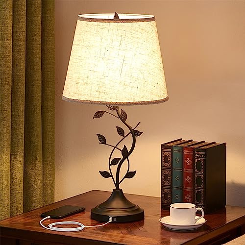 Kakanuo Table Lamp for Bedside, Lamp for Living Room with USB-A and USB-C Charging Ports, Traditional Tall Bedroom Lamp for End Table