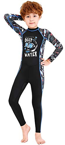 Full Body Kids Swimsuit One Piece Rash Guard Long Sleeve Wetsuit Skin for Girls Boys Children, Sunsuit Swimwear UPF 50+ UV Sun Protection Quick Dry for Beach Water Sports (Boy Black, XL)