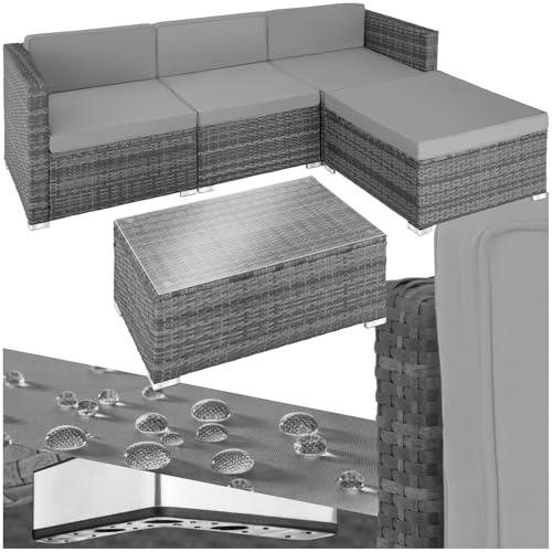 TecTake® Salon de Jardin Exterieur Canapé de Jardin en Resine Tressee 4 Places Extérieur Modulable 3 Fauteuil Jardin 1 Tabouret 1 Table pour Amenagement Balcon Terrasse - Gris