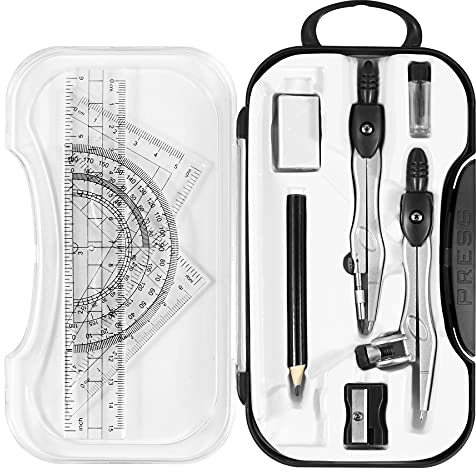 Unjoo Math Geometry Kit Sets 10 Piece Student Supplies with Shatterproof Storage Box,Includes Rulers,Protractor,Compass,Eraser,Pencil Sharpener,Lead Refills,Pencil,for Drafting and Drawings（Black）