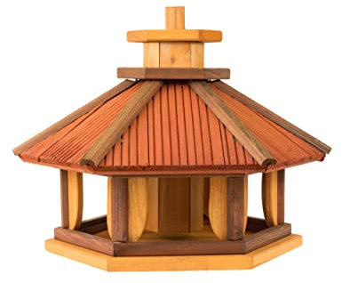 MAZUR Vogelhaus wetterfest aus Holz, vogelfutterhaus, Futterhaus, Futterstation für Wildvögel, Vogelfutterhaus zum Stellen für den Garten, Balkon (Kastanie) (Kiefer + Rosenholz + Mahagoni)