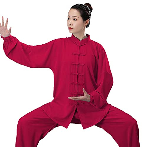 HFCY Cinese Tradizionale Arti Marziali Kung Fu Tai Chi Abbigliamento per Uomo Donna Camicia Manica Lunga Pantaloni Formazione Uniforme Primavera, rosa rosso-M