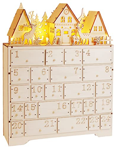 CCINEE Christmas Wooden Advent Calendar with 24 Storage Drawers, Countdown to Christmas Decoration with LED Lights Large Size Xmas Countdown Calendar for Holiday Decoration（ Upgraded）