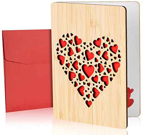 Vicloon Karte aus Holz Liebe, Handgefertigte beschreibbare Bambuskarte mit Herz, Karten-Set mit Umschlag, Karte aus Holz Liebe, Erntedankfest Hochzeitskarten Jahrestag Karten(Voller Herz)