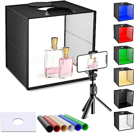 Caja Luz Foto Estudio, Portátil 30cmEstudio Fotografico con 120 Luces LED Ajustables CRI 95+ Disparo de Múltiples ángulos Estudio Fotográfico, 6 Láminas de Fondo de PVC para Productos Fotos