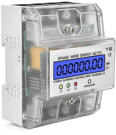 Stromzähler 3-Phasen 4-Draht Geeicht Drehstromzähler 230 / 400V 5-100A, LCD Digitaler Stromzähler Drehstromzähler Hutschiene für DIN Hutschiene Zwischenzähler Strom (3-Phasen 4-Draht)