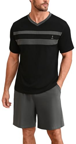 Nieery Pyjama Court Homme Coton pour l'été L'ensemble Comprend Un Pyjama à Manches Courtes Short Pyjama Homme avec col V idéal pour la Nuit T-Shirt et Pantalon de Pyjama Assortis en Deux pièces