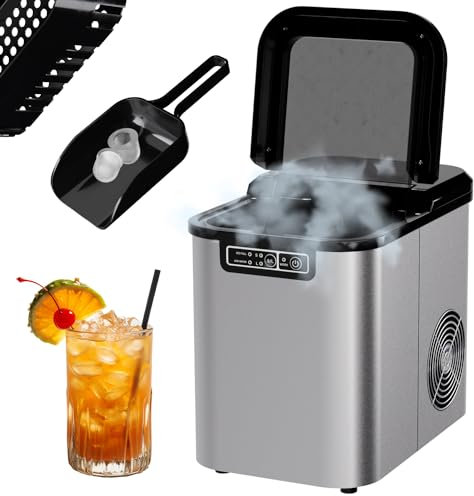 Tronitechnik® Eiswürfelmaschine Eiswürfelbereiter aus Edelstahl, Ice Maker, 12kg/24h, 2,2 Liter Wassertank, 2 Größen, Selbstreinigung, silberfarben, einfache Bedienung