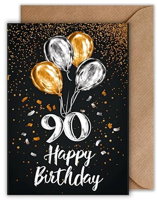 WBdesignz 90. Geburtstag Karte mit Umschlag - Elegante Geburtstagskarte 90 Jahre “Happy Birthday Silber Schwarz Gold 90ter Geburtstag (DIN A6)