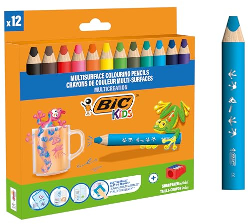 BIC Kids Crayons de Couleurs Multi-Surfaces & Usages (Ardoise, Tableau, Verre, Plastique, Bois..) - Etui carton de 12 Crayons Larges pour Enfants et Bebés,Mine XXL,Taille-Crayon Inclus