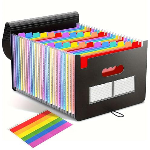 Dokumentenmappe A4, 25 Fächer Sortiermappe Fächermappe Akkordeon Aktenordner mit bunte Etiketten Ordner Organizer - Schwarz