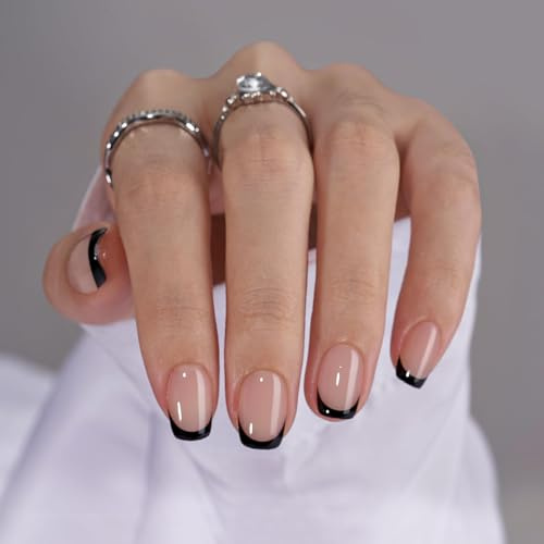 French Tip Press On Nails - BTArtbox Jelly Square Fake Nails with Nail Glue, Reusable Semi-Transparent Stick On Nails in 16 Sizes - 32PCS Soft Gel Glue On Nails Kit, Classic Black
