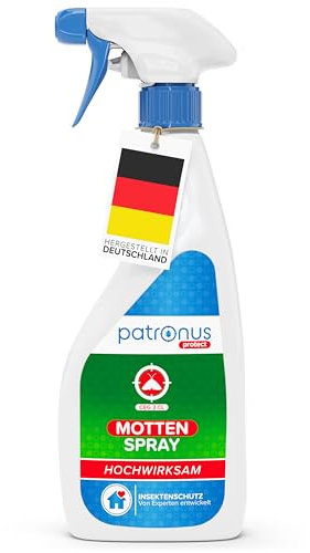 Patronus Mottenspray 500 ml - hochwirksame Abwehr gegen Kleidermotten & Lebensmittel-Motten - Motten-Spray für Kleiderschrank, Teppich, Textilien & Küche - mit dezentem Eukalyptus-Zitrusduft