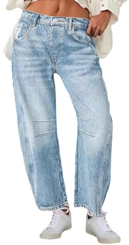 Jean pour femme taille basse - Jean baggy Y2K - Coupe droite - Jambe large - Taille moyenne - Cheville - Pantalon de loisirs - Pantalon droit stretch Boyfriend - Pantalon ample - Fer à cheval - Ballon
