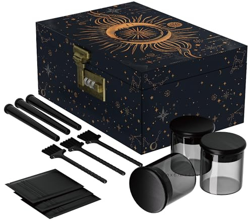 Large Bamboo Box with Combination Lock, Decorative Wooden Storage Box for Home, Stash Storage Lock Box with 3 Glasses, Lockable Souvenir Box for Storage, Wooden Box with Accessories (Sun Moon)