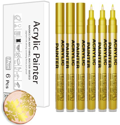 Alitastro Acrylic Paint Pens Waterproof Markers 6 Gold Permanent Marker Pens Acrylic Pens for Rock Painting Glass Stone Ceramic Metal Fabric Pebble Painting pens Craft Supplies