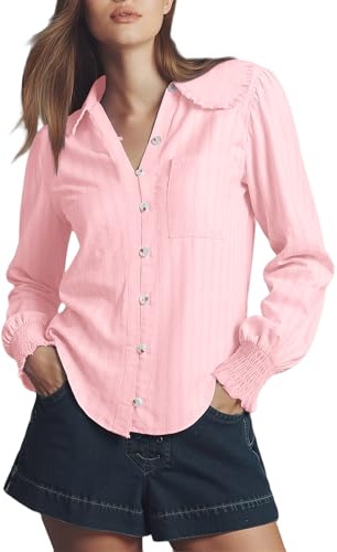 LOMON Womens Button Down Shirts V Neck Collar Smocked Cuffed Blouses Pink