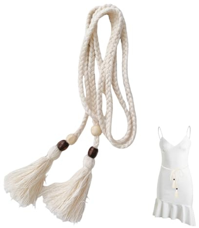 Gürtel Geflochten Damen,150cm Gürtel für Kleid,Quaste Baumwollkordel Geknoteter Taillengürtel Weiß,Boho Taillengürtel,Seilkette Dünner Bindegürtel für Röcke T-Shirts Hemden,Mode Rockgürte für Damen