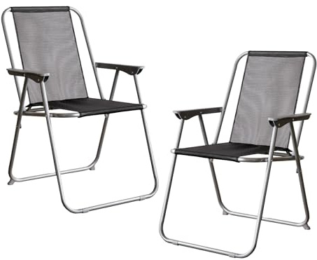 Samuel ALEXANDER Foldable Garden Chairs Set – Outdoor Folding Chair with Grey Metal Frame & Black Fabric – Lightweight Patio Deck Chairs for Camping, Picnic, Beach – Packs of 2