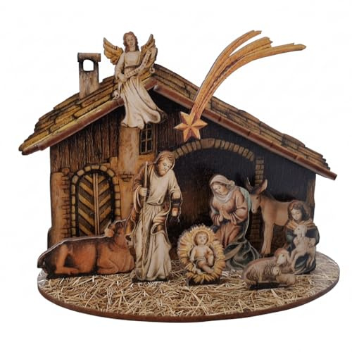 Kaltner Präsente Crèche de Noël traditionnelle avec figurines de crèche en bois, Sainte Famille avec écurie, 18 x 14 x 8 cm