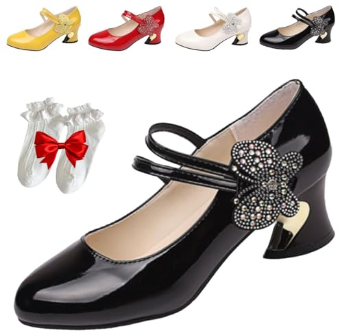 Scarpe Mary Jane da donna, eleganti tacco basso a blocco, scarpe décolleté con strass scintillanti, cinturino con fibbia a farfalla, per balli studenteschi e feste, Nero , 38.5 EU
