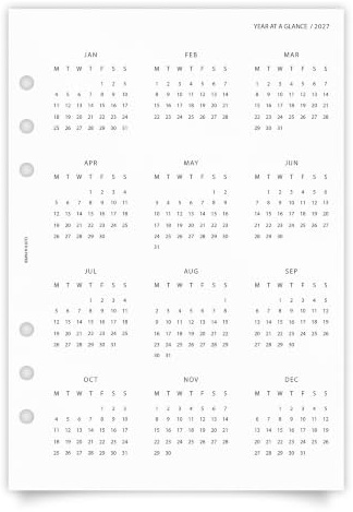 Cloth & Paper Panel de control del año 2027 | Inserto de planificador A5 | Calendario de inicio de lunes de año completo | Inserto de planificador de vitela translúcida | Panel de 6 anillos