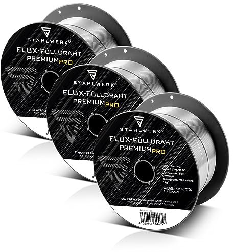 STAHLWERK set de 3 alambres tubulares FLUX - E71T-GS 0,9 mm, bobina de alambre de 1 kg D100, bobina de alambre para mandril de 16 mm, alambre de soldadura premium, alambre de relleno