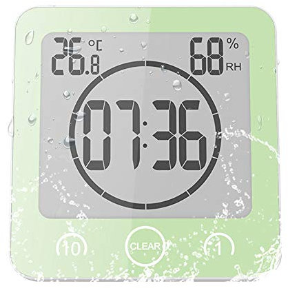 ALLOMN Badezimmer Uhr, LCD Digital Dusche Wecker Wasserdichte Berührungssteuerung ℃ / ℉ Temperatur Luftfeuchtigkeit, Countdown Timer, 3 Montagemethoden, Batterieleistung (Grün)
