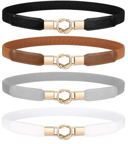 WERFORU 4 Cinture sottili da donna cintura elastica in vita elastica con fibbia dorata, C-nero+marrone+bianco+grigio, Für Taillengröße 81-94cm