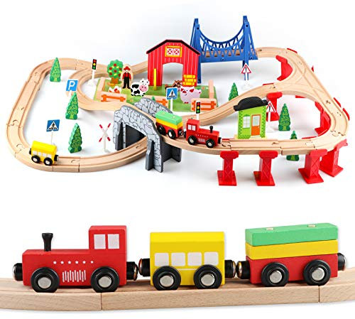 Jacootoys 80 Teile Holzeisenbahn Set Eisenbahn aus Holz Zug Spielzeug kombinierbar Spielzeugeisenbahn für Kinder 3+ Jahre alte Mädchen Jungen