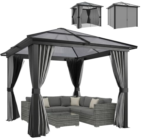 Outsunny 3 x 3(m) Hardtop Gazebo with UV Resistant Polycarbonate Roof & Aluminium Frame, Garden Pavilion with Mosquito Netting and Curtains Black