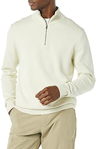Amazon Essentials Herren Pullover mit Viertelreißverschluss aus 100% Baumwolle, Elfenbein, L