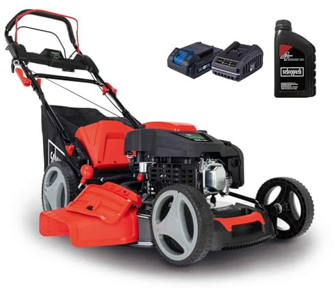 Scheppach Benzin Rasenmäher MS225-53E mit E-Start & Radantrieb | 6PS | 53 cm Schnittbreite | 7-fache Schnitthöhenverstellung | 65 Liter Fangkorb | Mulchfunktion | Reinigungsfunktion | inkl. Motoröl