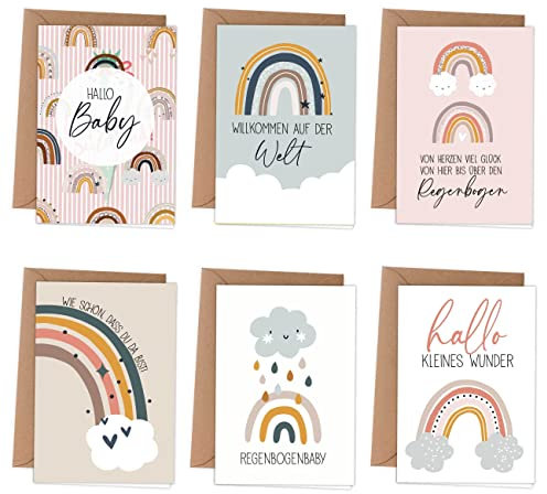 Papierdrachen Glückwunschkarten zur Geburt | 6 verspielte Grußkarten als Klappkarte inklusive Umschlag zur Geburt des Babys - Stilvolles Design - Motiv Regenbogen