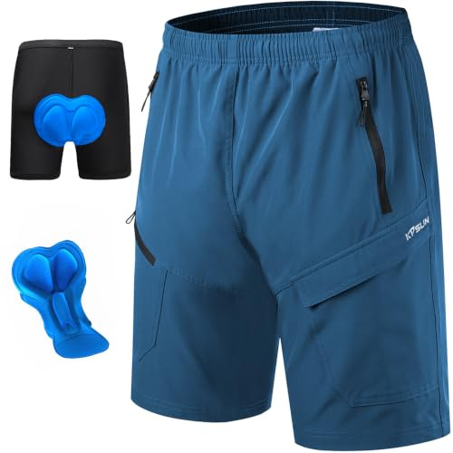 Men's Mountain Bike Shorts 3D Padded Baggy Bicycle Riding Cycling Shorts Quick Dry Lightweight Biking Shorts(Blue XXL)